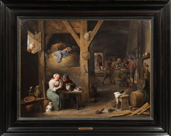 David Teniers painting for sale schilderij te koop- A Barn Scene with a man courting a young woman, and several figures (framed)