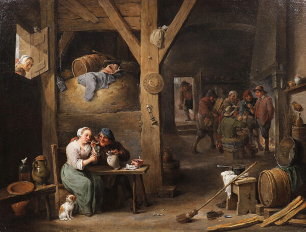 David Teniers painting for sale Schilderij - A Barn Scene with a man courting a young woman, and several figures (kf 300 dpi)