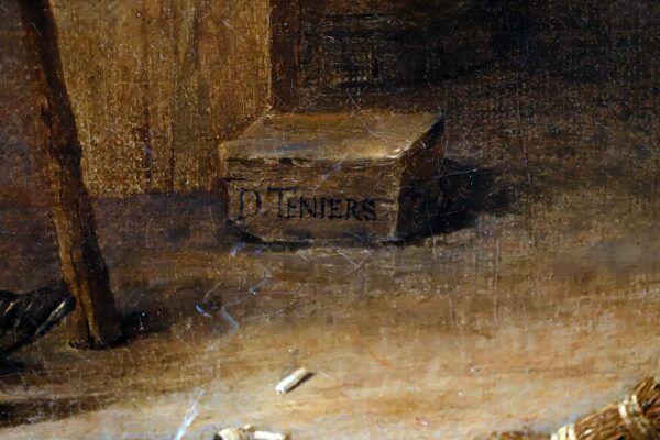 David Teniers painting schilderij- A Barn Scene with a man courting a young woman, and several figures (signature)