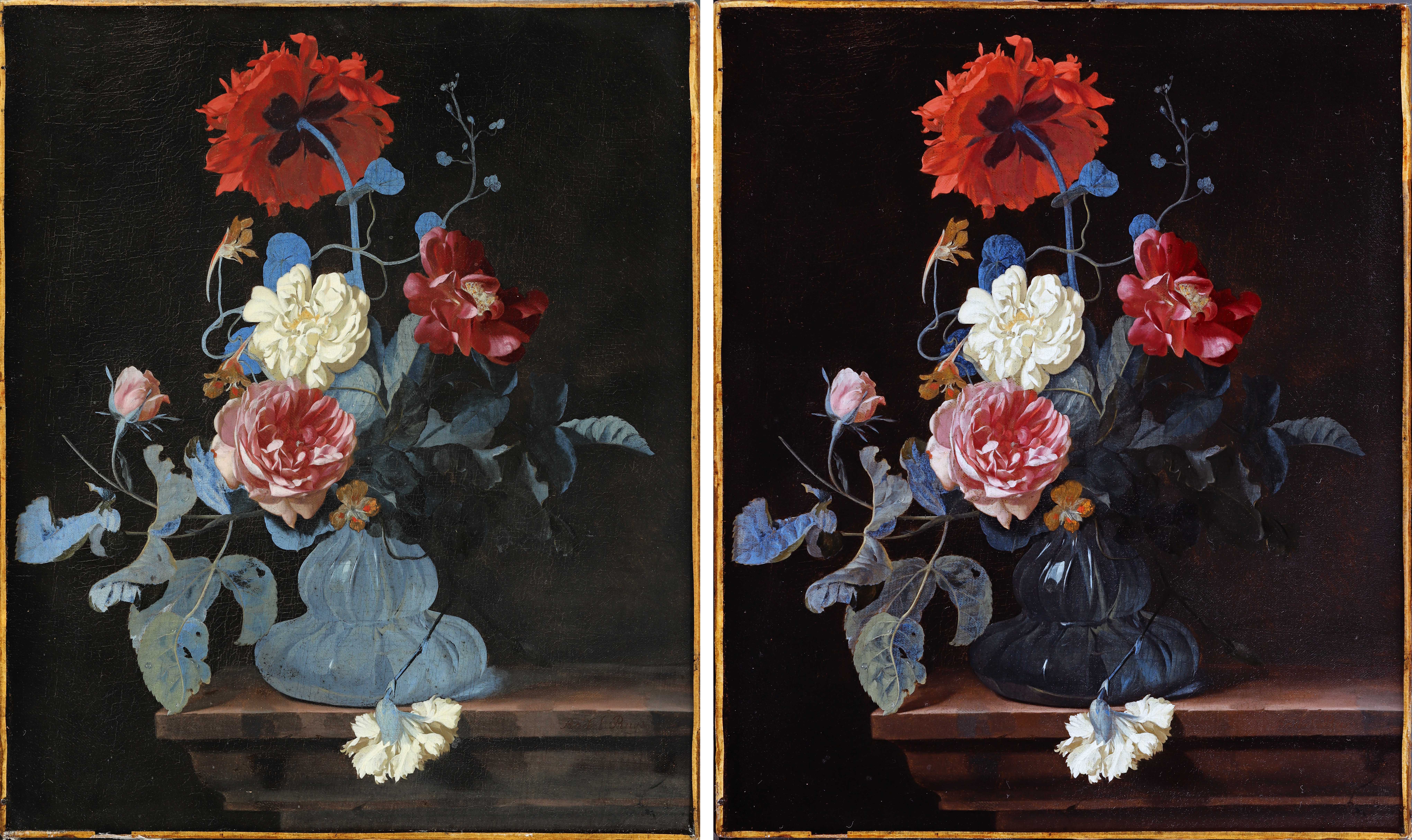 Lust schilderij, before and after restoration