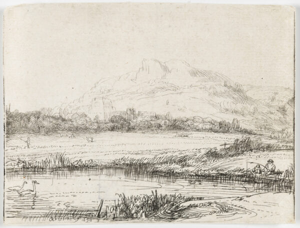 Rembrandt van Rijn Canal with an angler and two swans 1650 etching for sale ets te koop