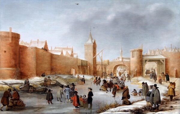 Barend (Barent) Avercamp Skaters, Kolf players *, elegant ladies and gentlemen, children playing, a horse-drawn sledge and ice-bound boats on a frozen moat, outside the walls of Kampen painting for sale