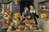 Georg Flegel Frederik van Valckenborgh Valckenborch painting for sale Old Masters an elaborate still life of fruit, flowers and vegetables and a gentleman and a girl