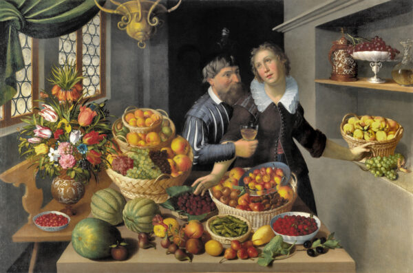 Georg Flegel Frederik van Valckenborgh Valckenborch painting for sale Old Masters an elaborate still life of fruit, flowers and vegetables and a gentleman and a girl