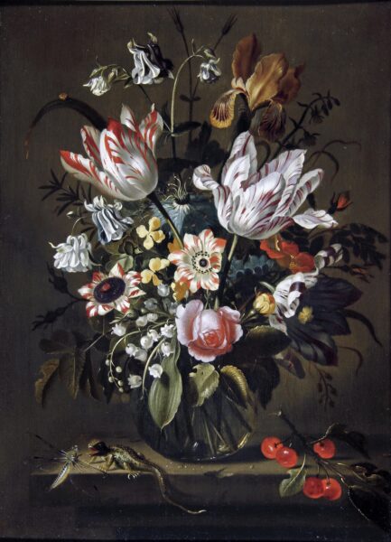 Jacob Marrel still life Old Master painting Flowers in a glass vase with a lizard and a sprig of cherries