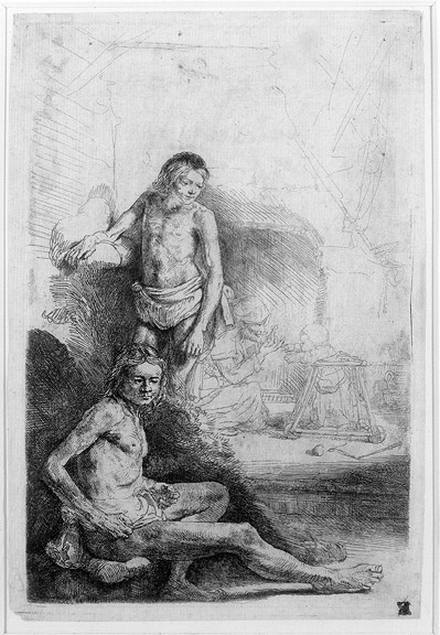 Rembrandt - Male nude, seated and standing (Het Rolwagentje)
