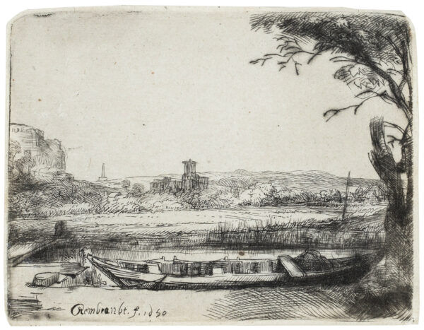 Rembrandt van Rijn - Canal with a large Boat and a Bridge ('Het Schuytje op de voorgrondt') etching for sale buy ets te koop 2