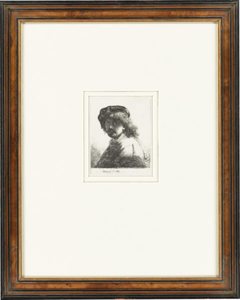 Rembrandt van Rijn etching for sale ets te koop - Self-Portrait in a Cap and Scarf with the Face Dark Bust (frame)