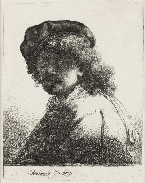 Rembrandt van Rijn etching for sale ets te koop - Self-Portrait in a Cap and Scarf with the Face Dark Bust 1