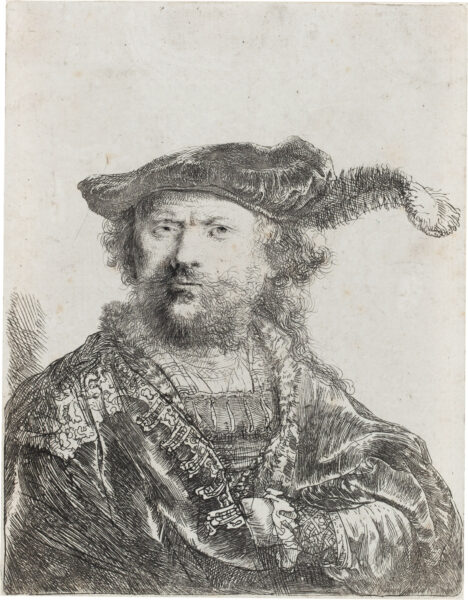 Rembrandt van Rijn - Self-Portrait in a Velvet Cap with Plume, 1638 (kf) etching for sale buy ets te koop