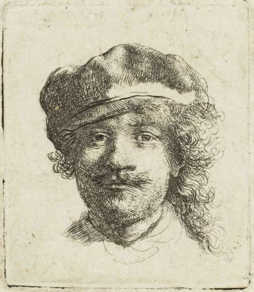 Rembrandt van Rijn - Self-Portrait wearing a soft Cap; full Face, Head only, 1634 (brochure) etching for sale ets te koop