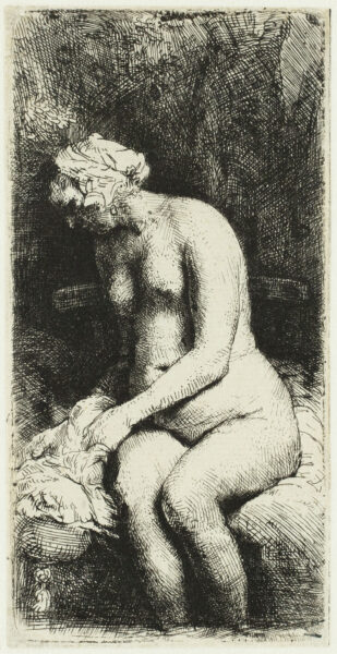 Rembrandt van Rijn etching for sale ets te koop- Woman bathing her feet in a brook kf