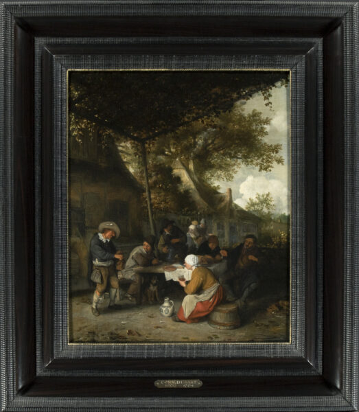 Cornelis Dusart Old Master painting for sale - Peasants seated at a table eating and drinking outside a tavern 2