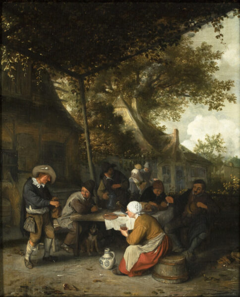 Cornelis Dusart Old Master painting for sale - Peasants seated at a table eating and drinking outside a tavern