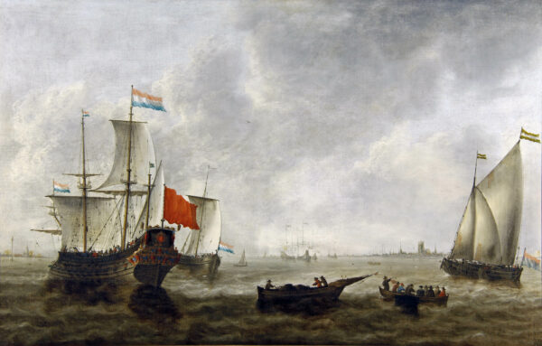 Jacob Bellevois Old Master painting Dutch ships near the shore of a town possibly Brielle II