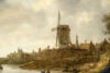 Jan Coelenbier Old Master painting - River landscape with fortified town and a windmill on a bastion