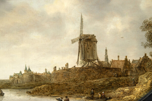 Jan Coelenbier Old Master painting - River landscape with fortified town and a windmill on a bastion