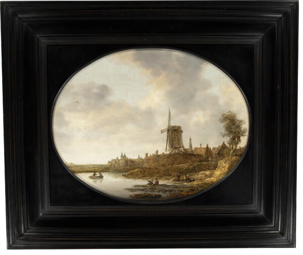 Jan Coelenbier Old Master painting - River landscape with fortified town and a windmill on a bastion framed