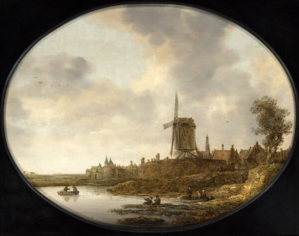 Jan Coelenbier Old Master painting - River landscape with fortified town and a windmill on a bastion
