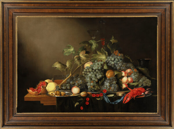 Antwerp Studio of Jan Davidsz. de Heem Old Master stillife painting for sale - Still life fruits, nuts, peaches and a lobster on a table (frame)