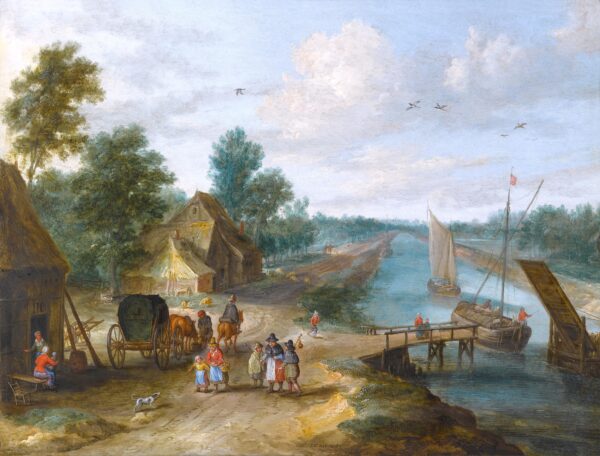 Jan van Kessel the Elder Old Master Painting for sale - A River Landscape with landing-stage and many figures
