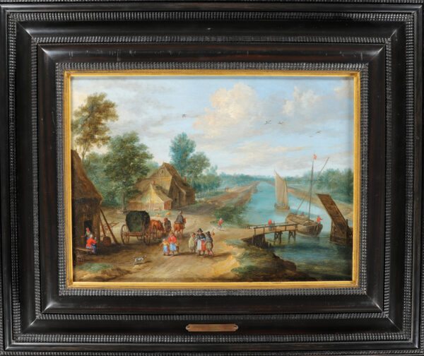 Jan van Kessel the Elder Old Master Painting for sale - A River Landscape with landing-stage and many figures (framed)