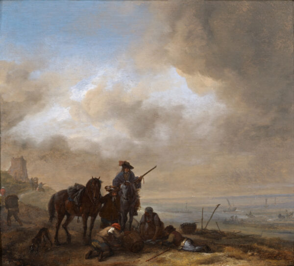 Philips Wouwerman Old Master painting A view on a seashore, with cavaliers and fishermen on a beach 2