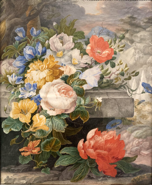HENSTENBURG, Herman - Still life with flowers on a stone ledge Old Master drawing for sale te koop
