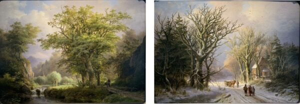 Johann Bernard Klombeck - Summer & Winter in the Woods painting pendant for sale 2