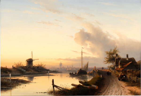 Charles Leickert View of the old and the new church in Delft Dutch romantic painting for sale schilderij te koop