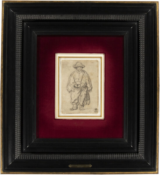 Rembrandt van Rijn - Standing Man, a Beggar, in a brimmed Hat (facing front and full-length) Old Master Drawing for sale 4