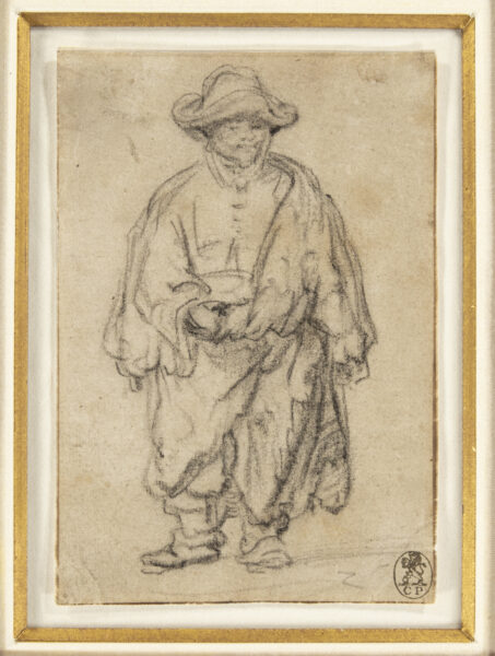 Rembrandt van Rijn - Standing Man, a Beggar, in a brimmed Hat (facing front and full-length) Old Master Drawing for sale