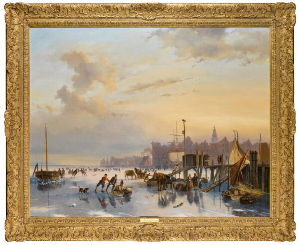 Nicolaas Johannes Roosenboom - Skaters on the IJ, Amsterdam winterscene painting schilderij te koop 2