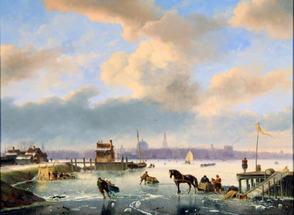 Nicolaas Roosenboom Merry-making on the frozen IJ, Amsterdam winterscene schilderij te koop painting for sale