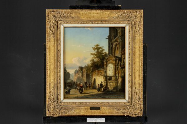 Cornelis Springer - Figures and shopkeepers in a market square near a church, 1848 painting for sale 3