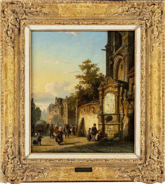 Cornelis Springer - Figures and shopkeepers in a market square near a church, 1848 painting for sale 2