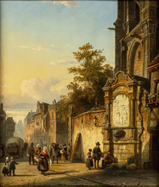 Cornelis Springer - Figures and shopkeepers in a market square near a church, 1848 painting for sale