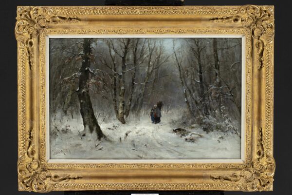 Louis Apol Figures walking through a snowy forest in winter schilderij te koop