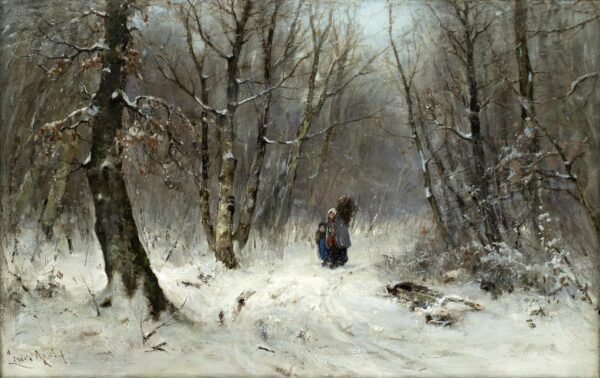 Louis Apol Figures walking through a snowy forest in winter schilderij te koop 2