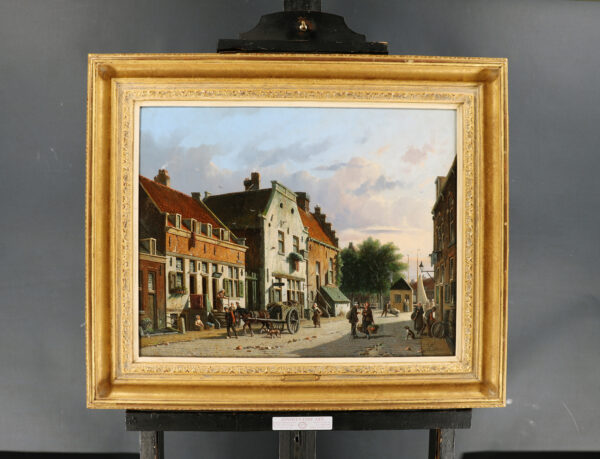 Adrianus Eversen A lively Dutch town view on a sunny day schilderij te koop 3
