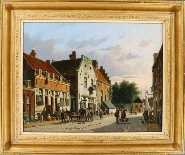 Adrianus Eversen A lively Dutch town view on a sunny day schilderij te koop 2