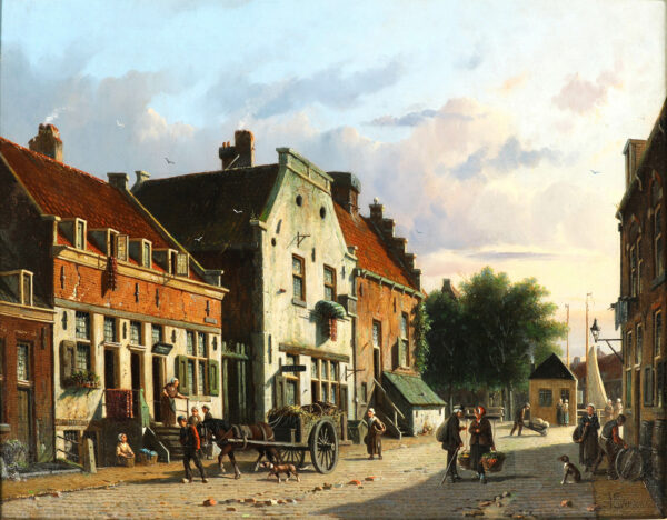 Adrianus Eversen A lively Dutch town view on a sunny day schilderij te koop