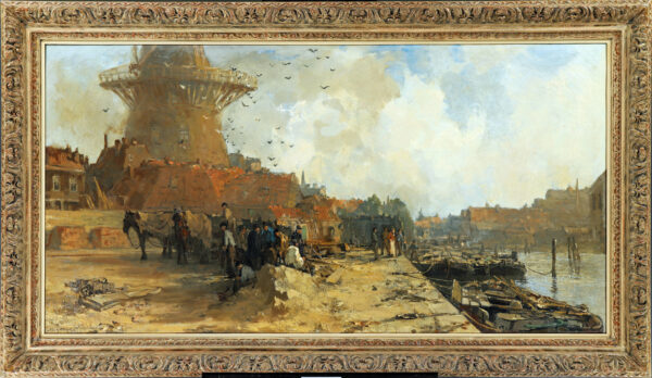 Johan Hendrik van Mastenbroek - Kade te Schiedam met aangemeerde schepen - schilderij te koop 2