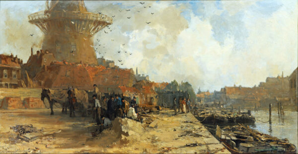 Johan Hendrik van Mastenbroek - Kade te Schiedam met aangemeerde schepen - schilderij te koop