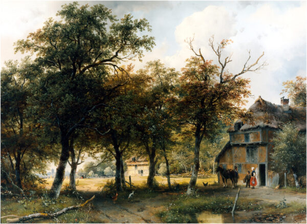 Andreas Schelfhout - Farm houses in a Wooded Landscape - schilderij te koop