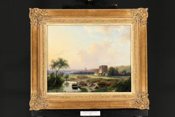 Andreas Schelfhout Panoramic Landscape With Figures and Cattle Near Haarlem schilderij te koop 2