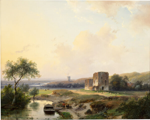 Andreas Schelfhout Panoramic Landscape With Figures and Cattle Near Haarlem schilderij te koop