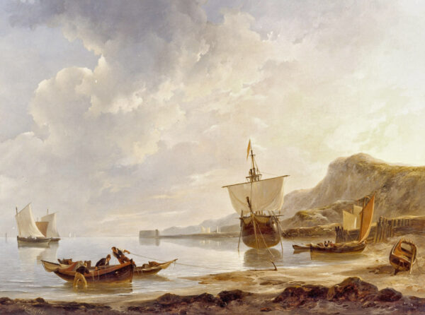Johannes Christiaan Schotel - Low Tide in a Bay with a Moored Vessel and Fishermen - maritime painting for sale