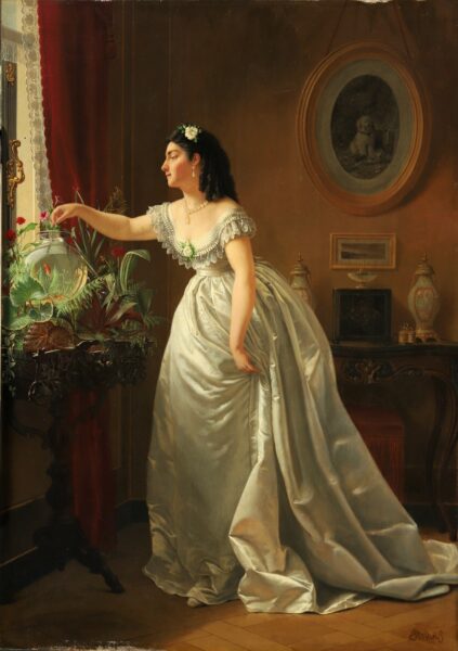 Alfred Stevens Young woman in satin robe feeding her goldfish painting for sale schilderij te koop